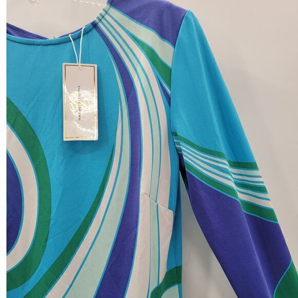 HP Julie Brown Blue Abstract Long Sleeve Stretchy Shift Dress 90s does 60s - Picture 9 of 16